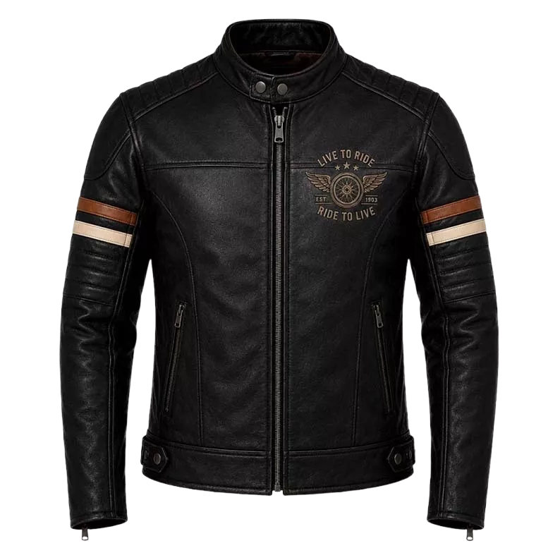 Men's Vintage Cafe Racer Motorcycle Coat - Black Biker Outerwear - Retro Ride To Live Style description : Classic Motorcycle Style Meets Timeless Craftsmanship