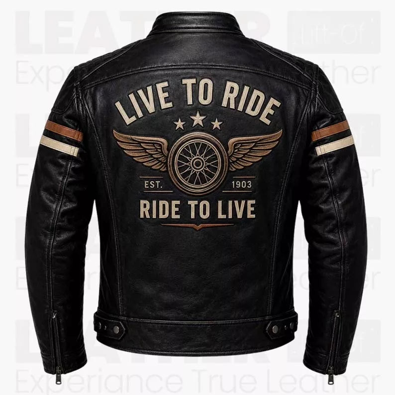 Men's Vintage Cafe Racer Motorcycle Coat - Black Biker Outerwear - Retro Ride To Live Style description : Classic Motorcycle Style Meets Timeless Craftsmanship