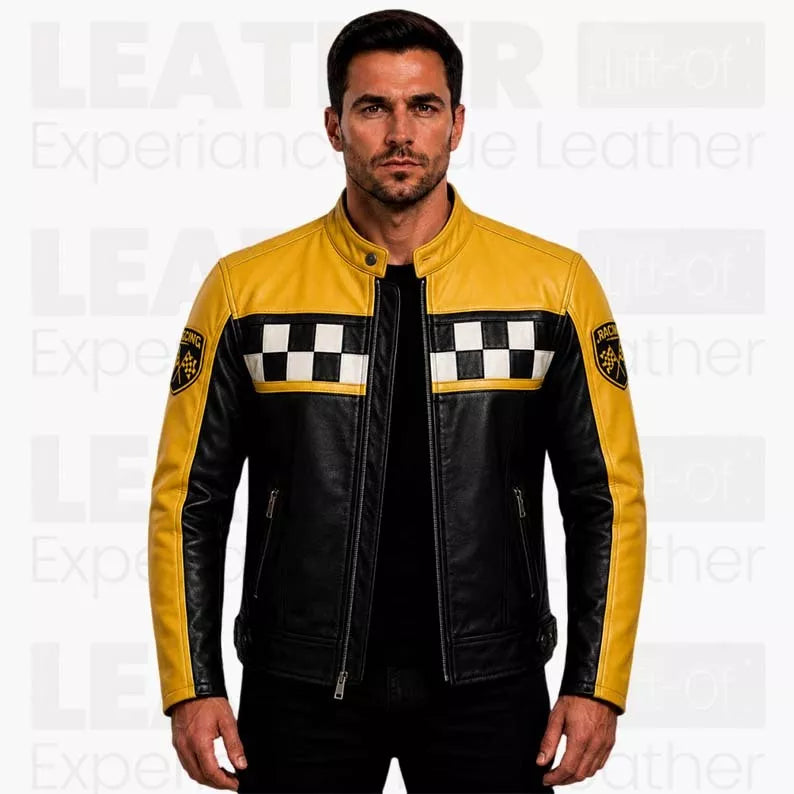 Men's Yellow Black Racing Motorcycle Coat - Cafe Racer Outerwear - Checkered Biker Style description : Inspired by Classic Racing Heritage