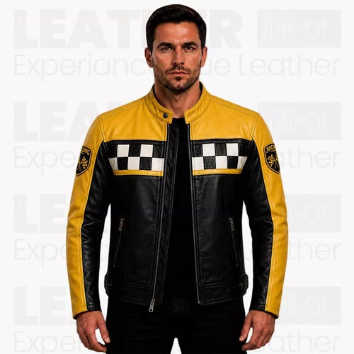 Men's Yellow Black Racing Motorcycle Coat - Cafe Racer Outerwear - Checkered Biker Style description : Inspired by Classic Racing Heritage