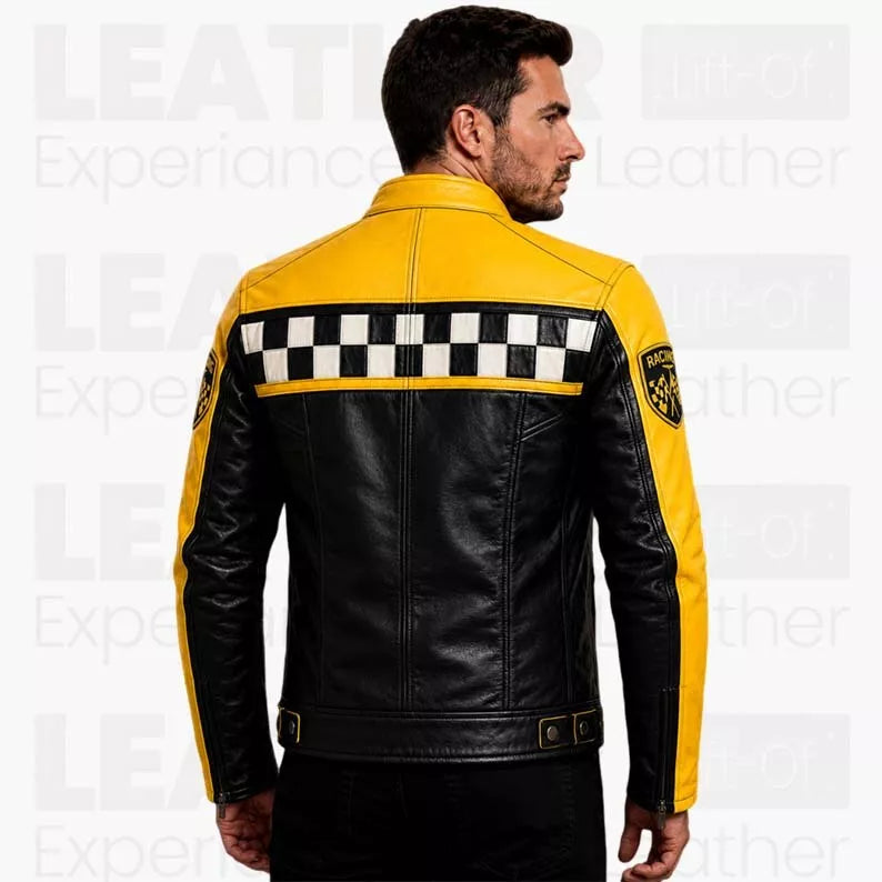 Men's Yellow Black Racing Motorcycle Coat - Cafe Racer Outerwear - Checkered Biker Style description : Inspired by Classic Racing Heritage