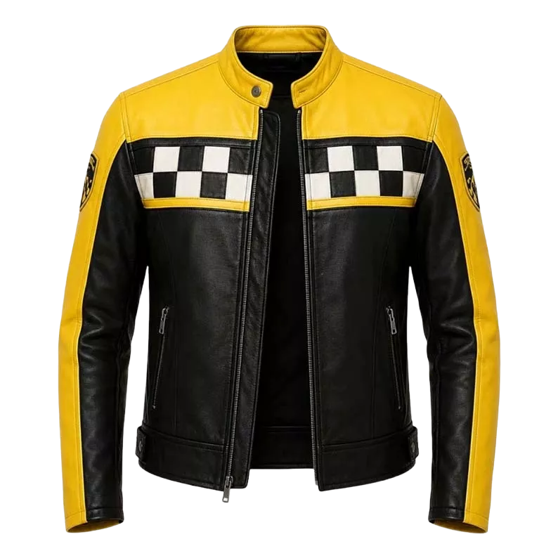 Men's Yellow Black Racing Motorcycle Coat - Cafe Racer Outerwear - Checkered Biker Style description : Inspired by Classic Racing Heritage