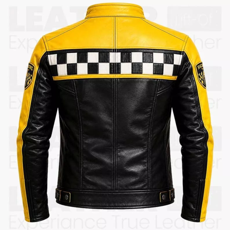 Men's Yellow Black Racing Motorcycle Coat - Cafe Racer Outerwear - Checkered Biker Style description : Inspired by Classic Racing Heritage