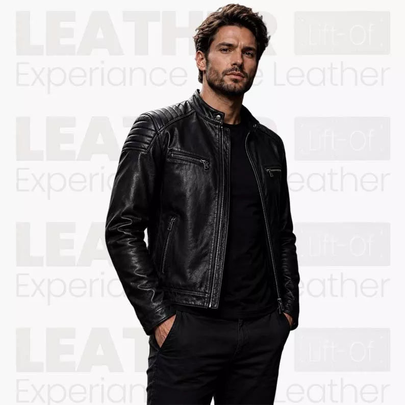 Men’s Black Biker Leather Jacket | Quilted Café Racer Jacket