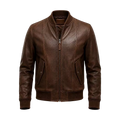 Men’s Brown Leather Bomber Jacket – Classic Zip-Up Ribbed Collar Jacket