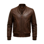 Men’s Brown Leather Bomber Jacket – Classic Zip-Up Ribbed Collar Jacket