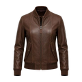Women’s Brown Leather Bomber Jacket – Classic Zip-Up Ribbed Collar Jacket