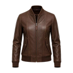 Women’s Brown Leather Bomber Jacket – Classic Zip-Up Ribbed Collar Jacket