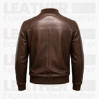 Men’s Brown Leather Bomber Jacket – Classic Zip-Up Ribbed Collar Jacket