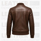 Women’s Brown Leather Bomber Jacket – Classic Zip-Up Ribbed Collar Jacket