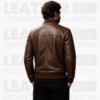 Men’s Brown Leather Bomber Jacket – Classic Zip-Up Ribbed Collar Jacket