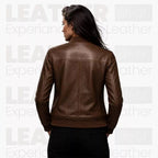 Women’s Brown Leather Bomber Jacket – Classic Zip-Up Ribbed Collar Jacket