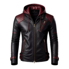 Men’s Black & Burgundy Hooded Leather Biker Jacket | Quilted Moto Jacket