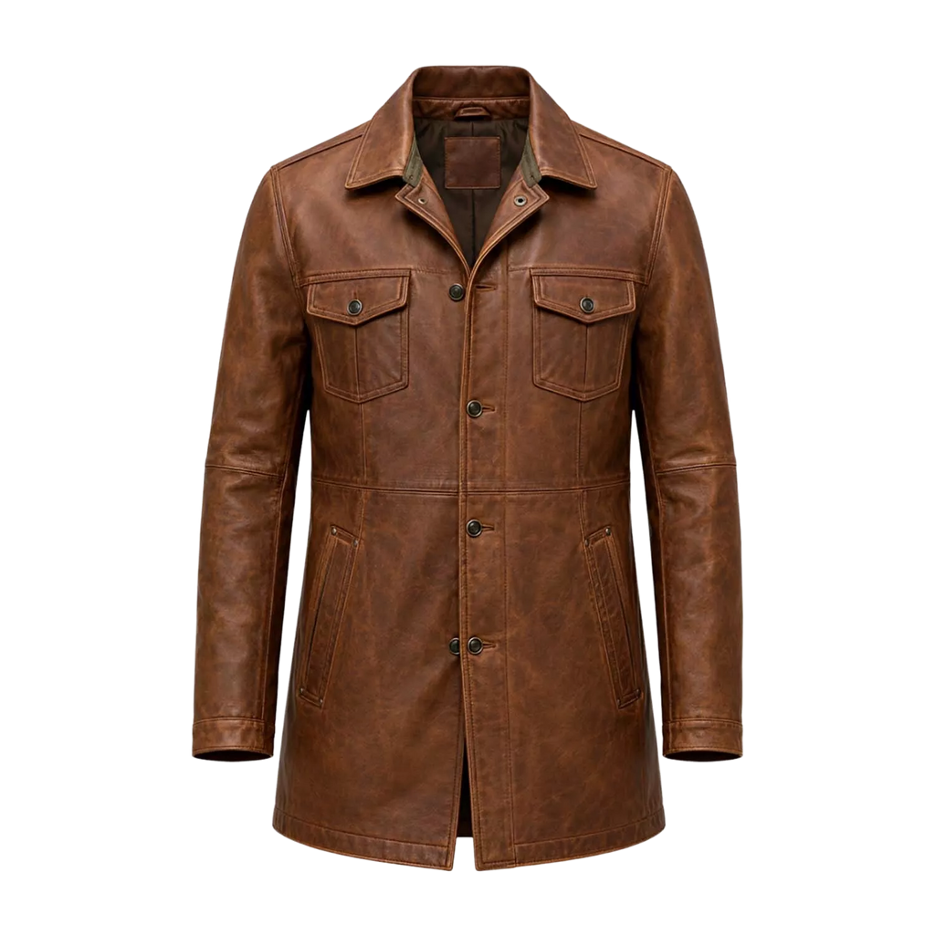 Men’s Brown Leather Workwear Coat | Vintage Button Front Utility Jacket