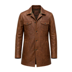 Men’s Brown Leather Workwear Coat | Vintage Button Front Utility Jacket