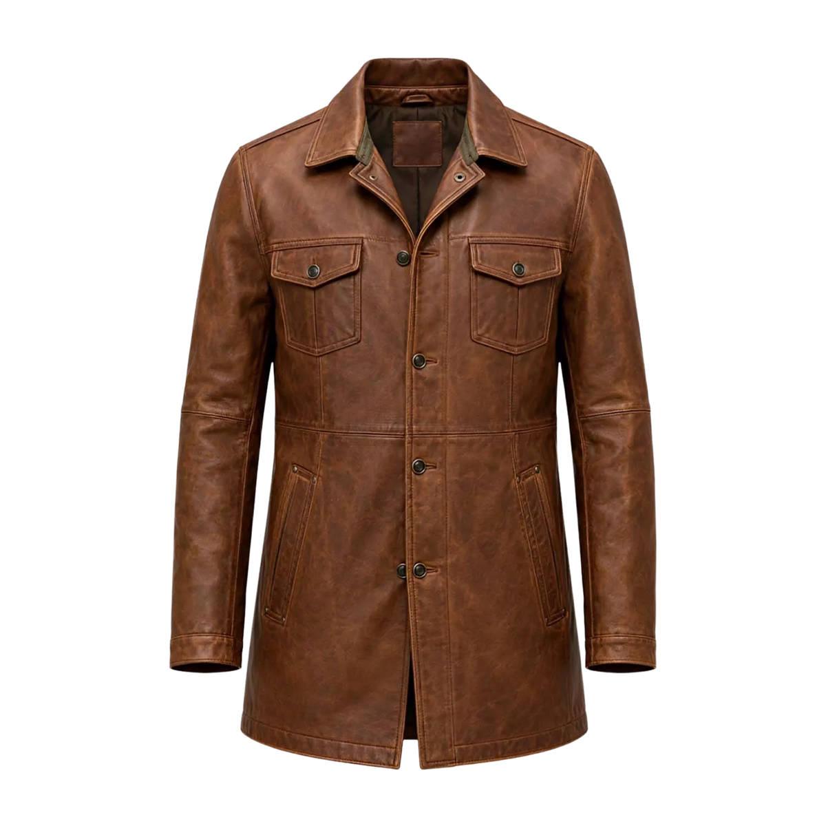 Men’s Brown Leather Workwear Coat | Vintage Button Front Utility Jacket