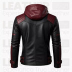 Men’s Black & Burgundy Hooded Leather Biker Jacket | Quilted Moto Jacket