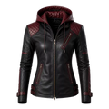 Women’s Black & Burgundy Hooded Leather Biker Jacket – Quilted Moto Jacket