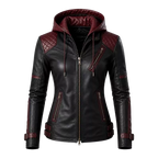 Women’s Black & Burgundy Hooded Leather Biker Jacket – Quilted Moto Jacket