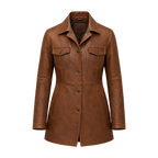 Women’s Brown Leather Workwear Coat | Vintage Button Front Utility Jacket