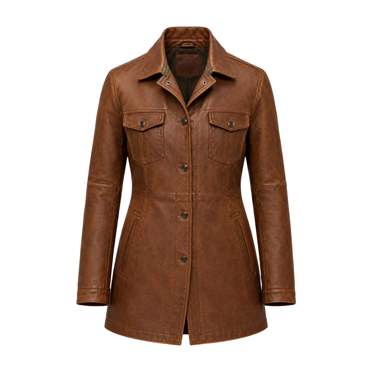 Women’s Brown Leather Workwear Coat | Vintage Button Front Utility Jacket