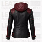 Women’s Black & Burgundy Hooded Leather Biker Jacket – Quilted Moto Jacket