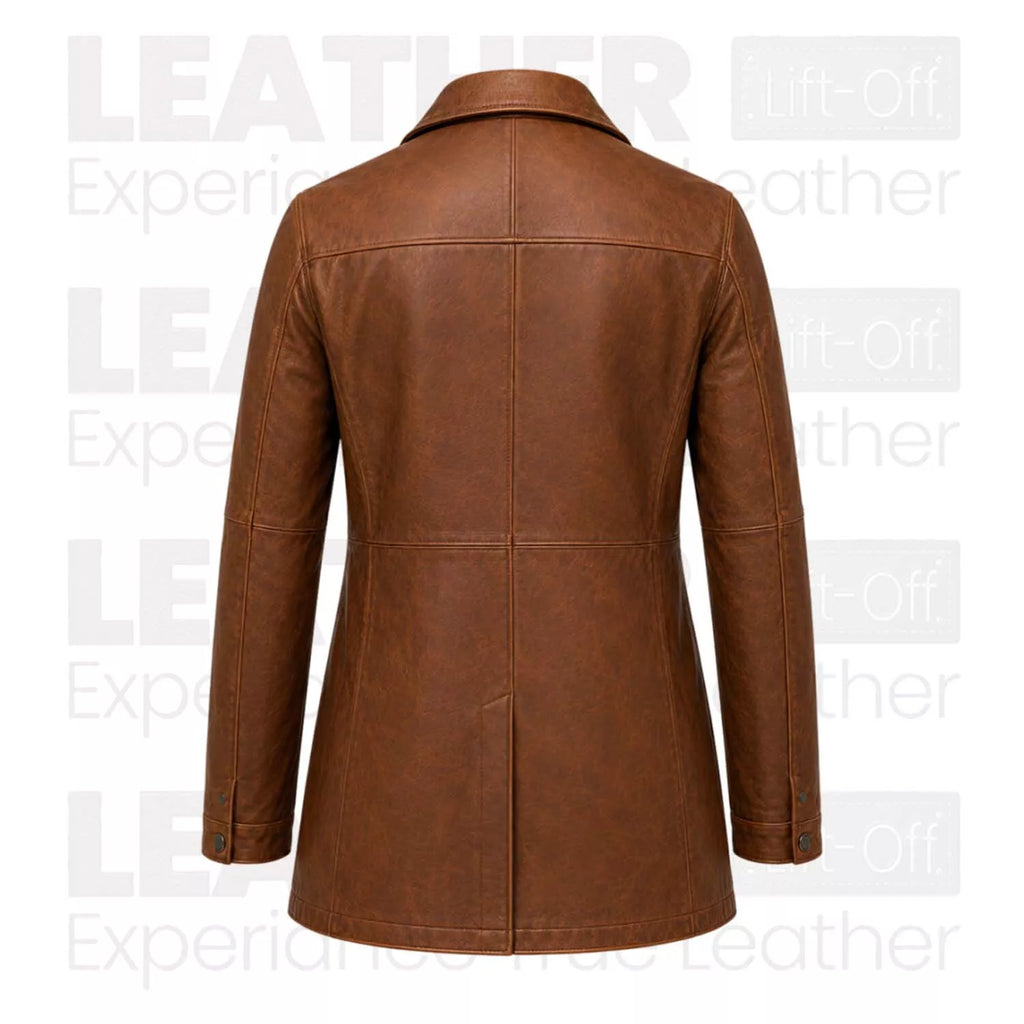 Women’s Brown Leather Workwear Coat | Vintage Button Front Utility Jacket