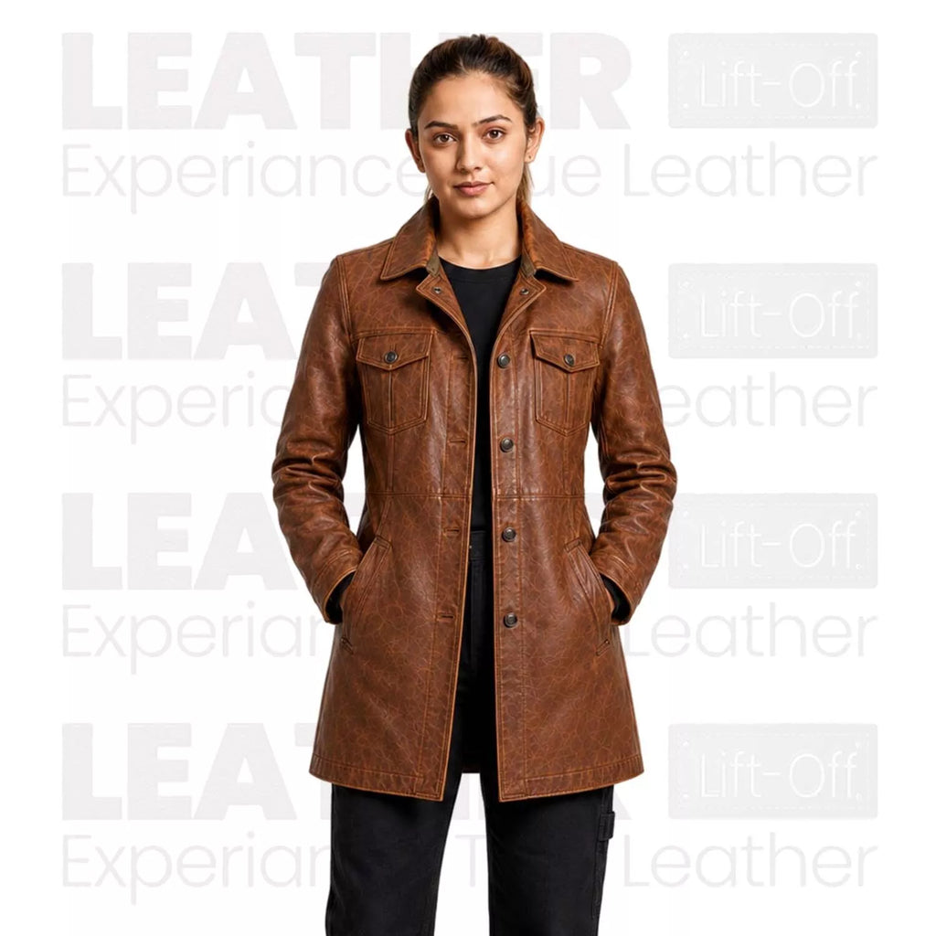 Women’s Brown Leather Workwear Coat | Vintage Button Front Utility Jacket