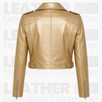 Women’s Metallic Gold Cropped Biker Leather Jacket – Asymmetrical Zip Moto Jacket