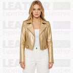 Women’s Metallic Gold Cropped Biker Leather Jacket – Asymmetrical Zip Moto Jacket