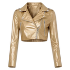 Women’s Metallic Gold Cropped Biker Leather Jacket – Asymmetrical Zip Moto Jacket