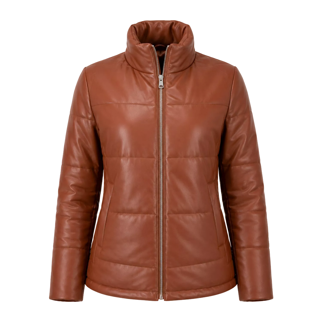 Women's Cognac Brown Leather Puffer Jacket | Zip-Up Winter Jacket