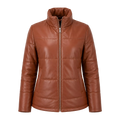 Women's Cognac Brown Leather Puffer Jacket | Zip-Up Winter Jacket