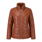 Women's Cognac Brown Leather Puffer Jacket | Zip-Up Winter Jacket