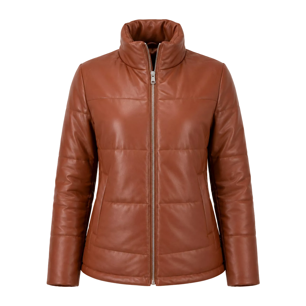 Women's Cognac Brown Leather Puffer Jacket | Zip-Up Winter Jacket