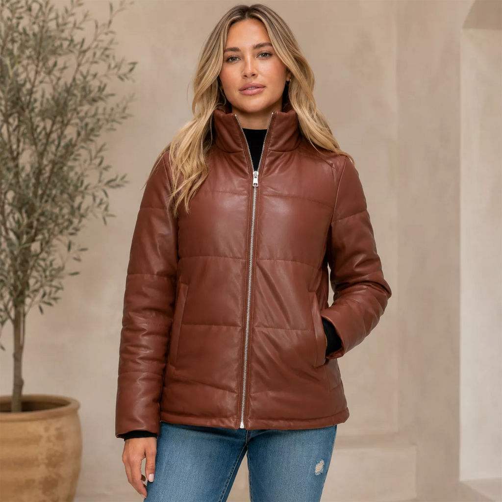 Women's Cognac Brown Leather Puffer Jacket | Zip-Up Winter Jacket