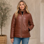 Women's Cognac Brown Leather Puffer Jacket | Zip-Up Winter Jacket