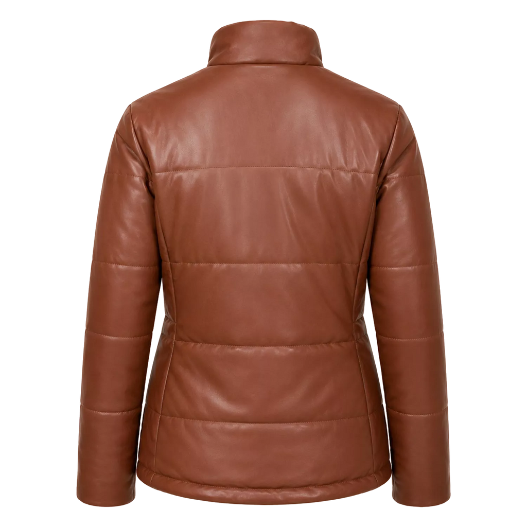 Women's Cognac Brown Leather Puffer Jacket | Zip-Up Winter Jacket