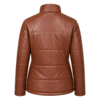 Women's Cognac Brown Leather Puffer Jacket | Zip-Up Winter Jacket