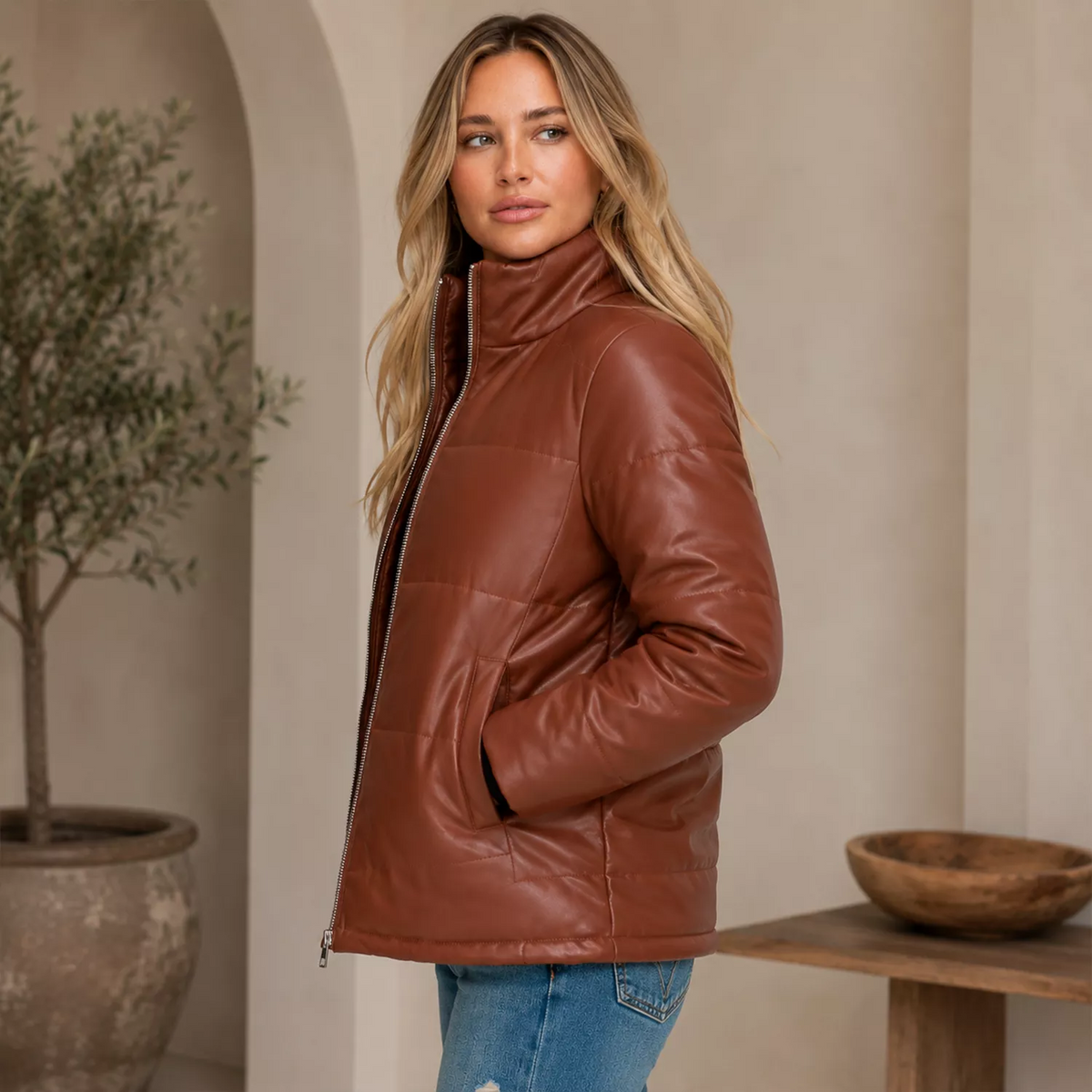 Women's Cognac Brown Leather Puffer Jacket | Zip-Up Winter Jacket