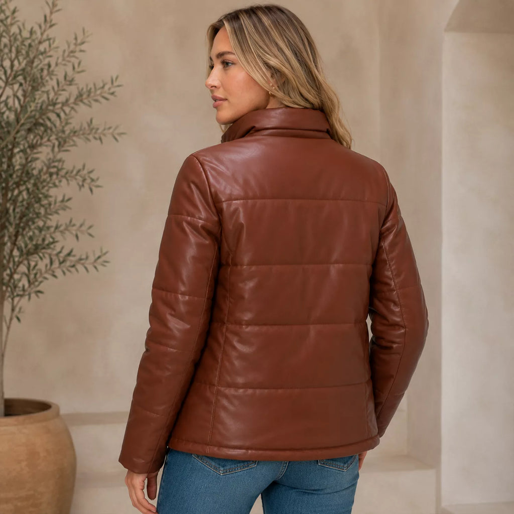 Women's Cognac Brown Leather Puffer Jacket | Zip-Up Winter Jacket