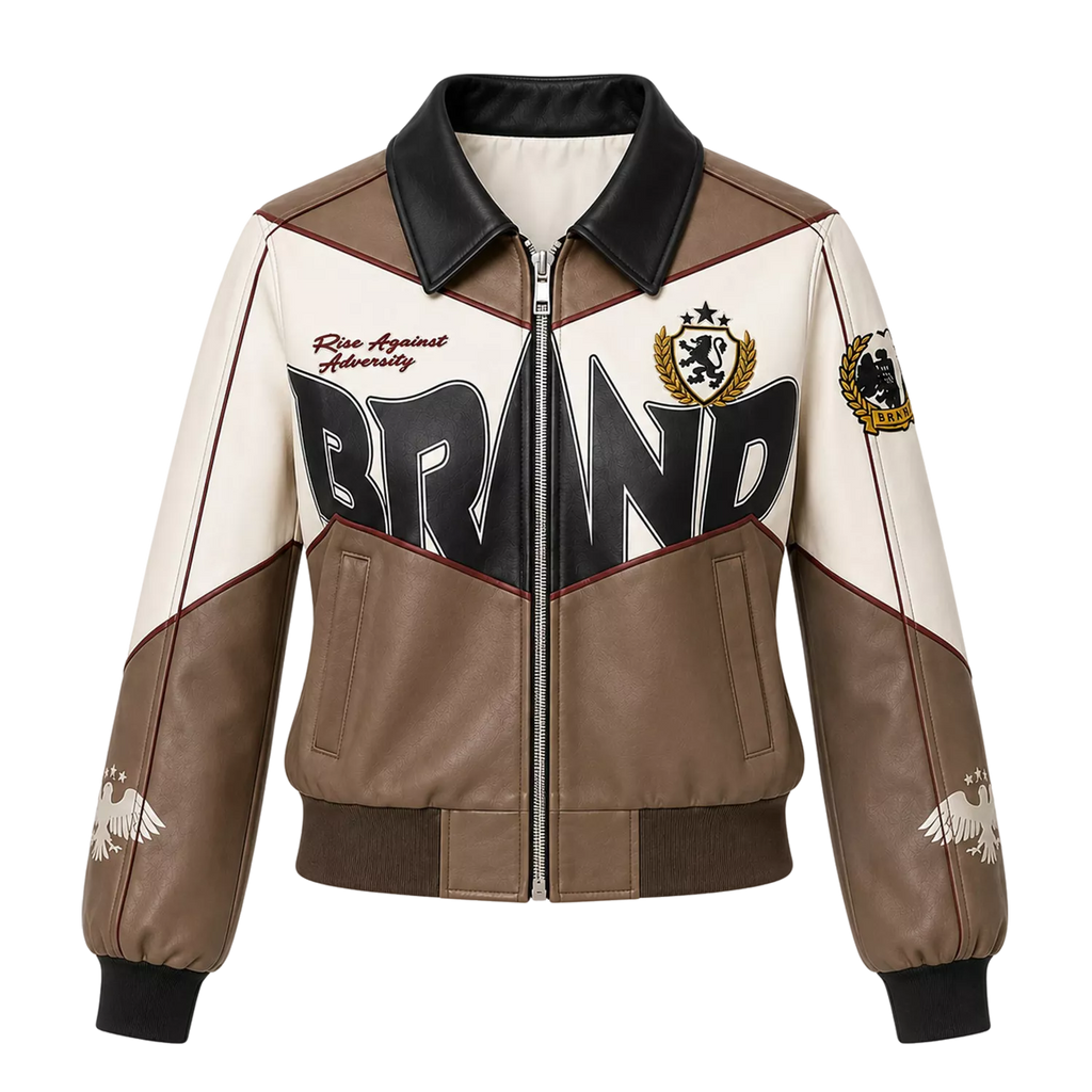 Women’s Beige Colorblock Graphic Leather Bomber Jacket | Streetwear Zip Jacket