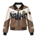 Women’s Beige Colorblock Graphic Leather Bomber Jacket | Streetwear Zip Jacket