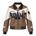 Women’s Beige Colorblock Graphic Leather Bomber Jacket | Streetwear Zip Jacket