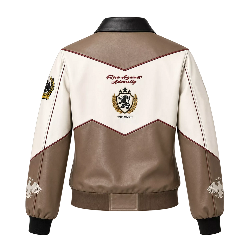 Women’s Beige Colorblock Graphic Leather Bomber Jacket | Streetwear Zip Jacket