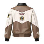 Women’s Beige Colorblock Graphic Leather Bomber Jacket | Streetwear Zip Jacket