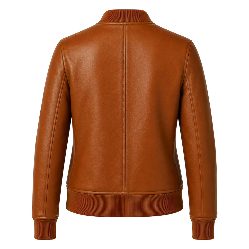 Women’s Cognac Brown Leather Bomber Jacket | Ribbed Collar Zip Flight Jacket