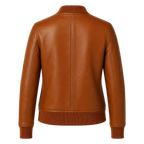 Women’s Cognac Brown Leather Bomber Jacket | Ribbed Collar Zip Flight Jacket
