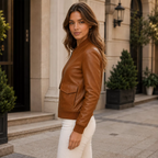 Women’s Cognac Brown Leather Bomber Jacket | Ribbed Collar Zip Flight Jacket