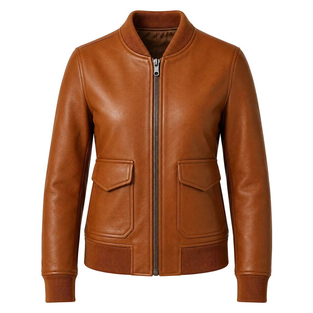 Women’s Cognac Brown Leather Bomber Jacket | Ribbed Collar Zip Flight Jacket